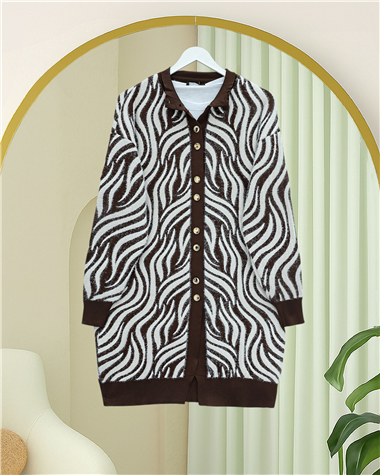 Düğmeli Zebra Desen Sakallı Triko Hırka -Kahve