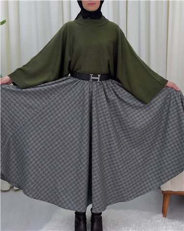 Ekose Desenli Beli Lastikli 360 Derece Etek -Haki