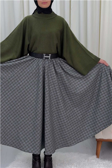Ekose Desenli Beli Lastikli 360 Derece Etek -Haki