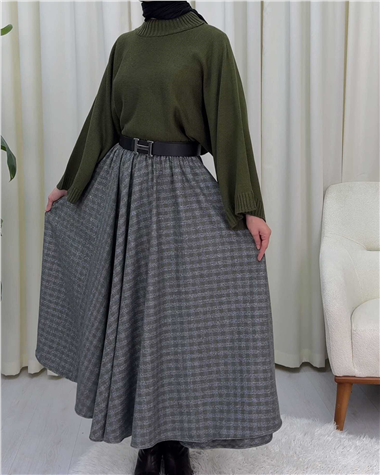 Ekose Desenli Beli Lastikli 360 Derece Etek -Haki