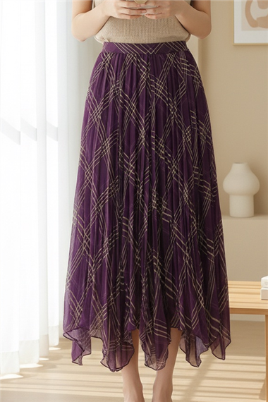 Eteği Asimetrik Kesim Astarlı Şifon Etek -Mor