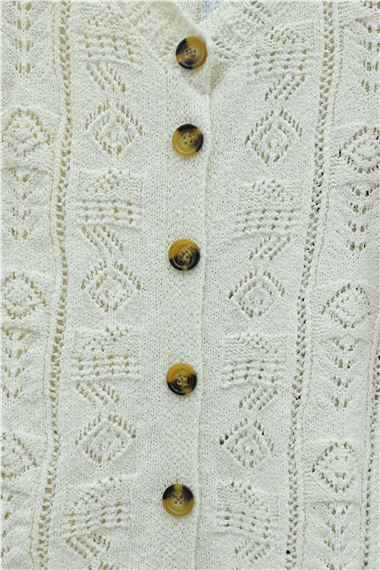 Eteği Dantelli Desenli Düğmeli Triko Hırka -Ekru