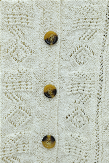 Eteği Dantelli Desenli Düğmeli Triko Hırka -Ekru