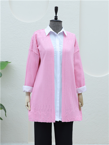 Eteği Desenli Ajurlu Hırka -Pembe