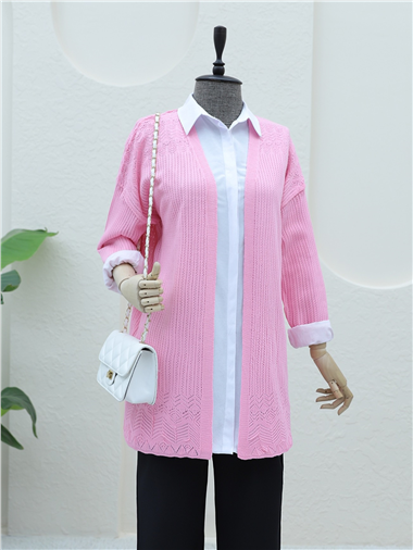 Eteği Desenli Ajurlu Hırka -Pembe