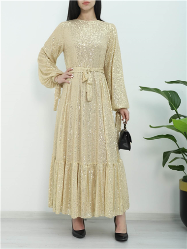 Eteği Dikişli Kemerli Abiye -Altın