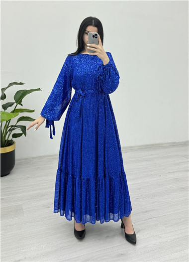 Eteği Dikişli Kemerli Abiye -Saks
