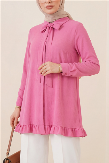 Eteği Fırfırlı Beli Bağcıklı Gizli Düğmeli Modal Tunik -Pembe