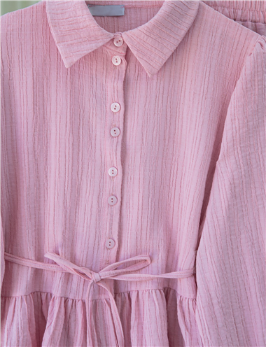 Eteği Fırfırlı Düğmeli Beli Bağcıklı Etekli Takım -Pembe