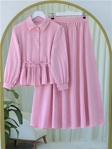 Eteği Fırfırlı Düğmeli Beli Bağcıklı Etekli Takım -Pembe