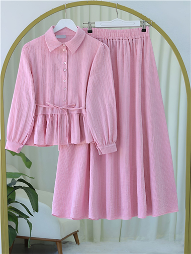 Eteği Fırfırlı Düğmeli Beli Bağcıklı Etekli Takım -Pembe