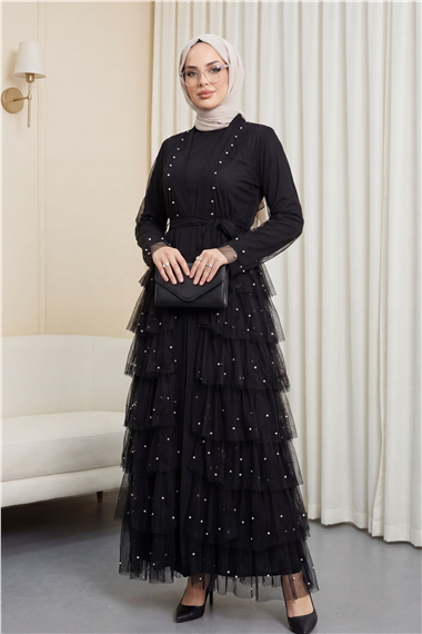 Eteği Katlı Serpme İncili Tül Abaya Takım -Siyah