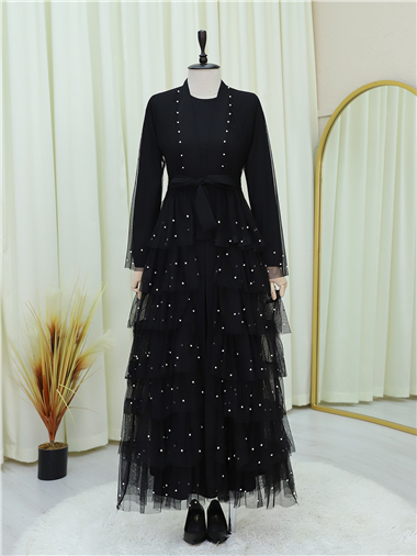 Eteği Katlı Serpme İncili Tül Abaya Takım -Siyah