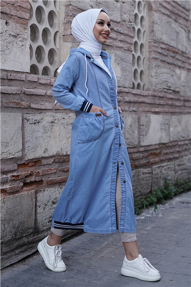 Eteği Lastik Detaylı Kot Kap -Açık Mavi