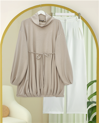Eteği Lastikli Beli Bağcıklı Yarım Boğazlı Oysho Sweat -Açık Vizon