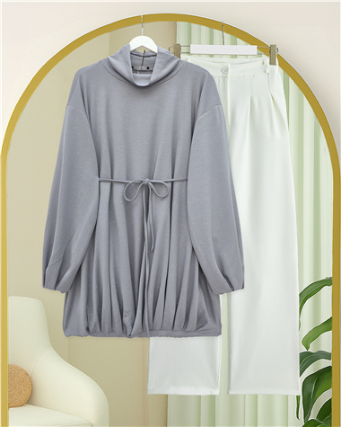 Eteği Lastikli Beli Bağcıklı Yarım Boğazlı Oysho Sweat -Açık Gri