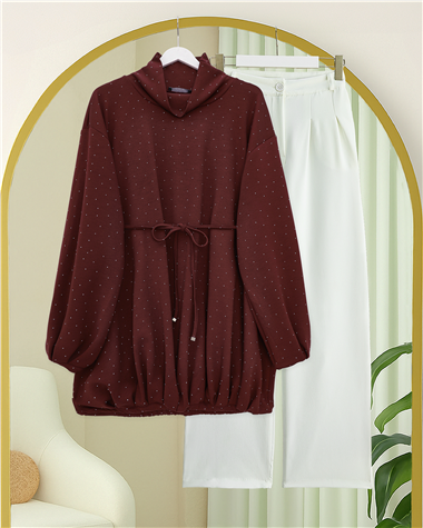 Eteği Lastikli Beli Bağcıklı Yarım Boğazlı Oysho Sweat -Bordo