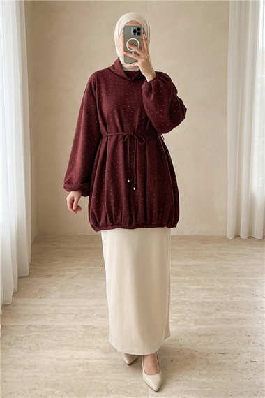 Eteği Lastikli Beli Bağcıklı Yarım Boğazlı Oysho Sweat -Bordo