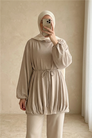 Eteği Lastikli Beli Bağcıklı Yarım Boğazlı Oysho Sweat -Açık Vizon