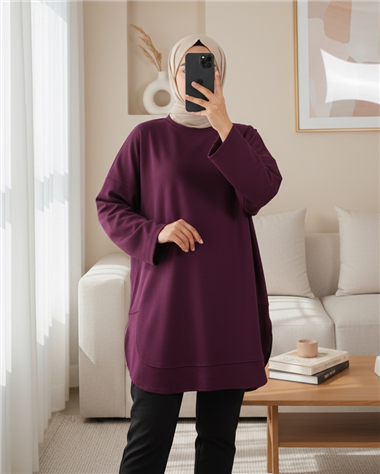 Eteği Oval Kesim Yırtmaçlı Oysho Sweat -Mürdüm