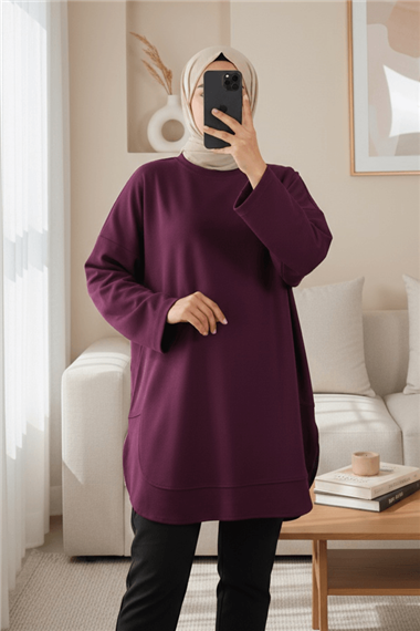 Eteği Oval Kesim Yırtmaçlı Oysho Sweat -Mürdüm