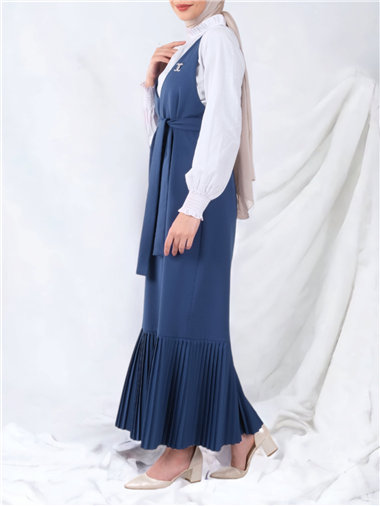 Eteği Piliseli Kuşaklı Jile -İndigo