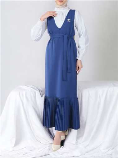 Eteği Piliseli Kuşaklı Jile -İndigo