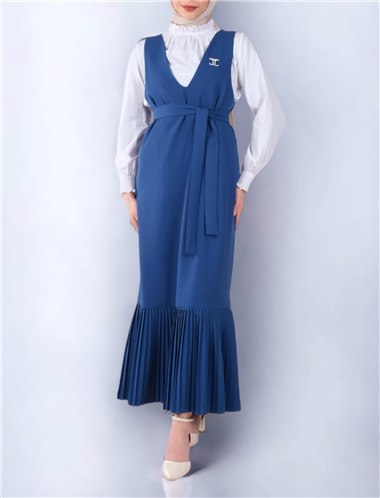 Eteği Piliseli Kuşaklı Jile -İndigo