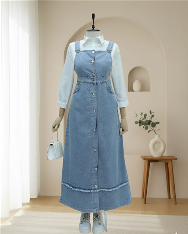 Eteği Püskül Detaylı Önü Düğmeli Cepli Kot Salopet -Buz Mavi