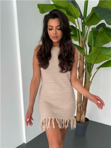 Eteği Püsküllü Sıfır Kol Triko Elbise -Vizon