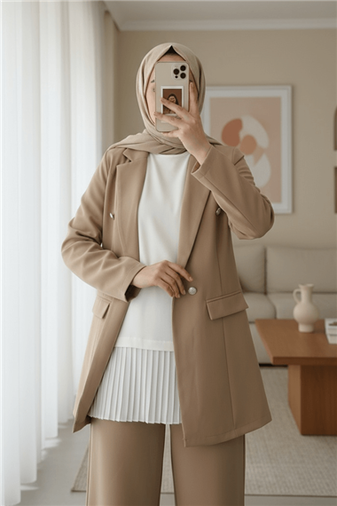 Eteği Tül Detaylı Pliseli Penye İçlik -Ekru