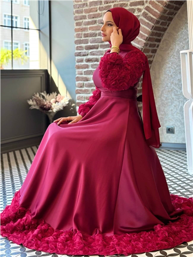Eteği Ve Kolları Gül Detaylı Saten Abiye  -Bordo