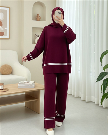 Eteği Ve Kolu Çizgili Triko Takım -Bordo