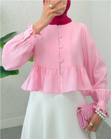 Eteği Ve Kolu Fırfırlı Taşlı Düğmeli Modal Kumaş Gömlek  -Pembe