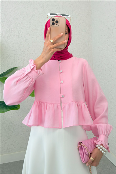 Eteği Ve Kolu Fırfırlı Taşlı Düğmeli Modal Kumaş Gömlek  -Pembe