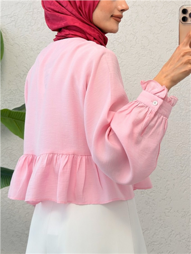 Eteği Ve Kolu Fırfırlı Taşlı Düğmeli Modal Kumaş Gömlek  -Pembe