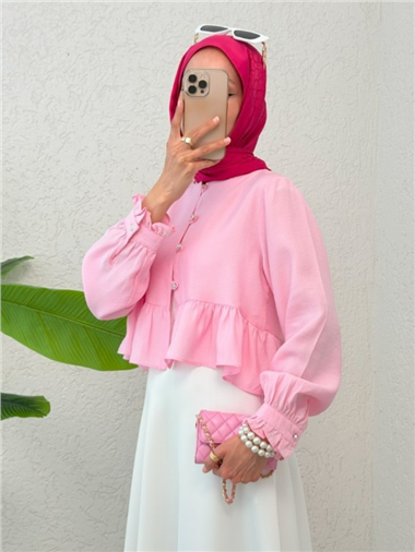 Eteği Ve Kolu Fırfırlı Taşlı Düğmeli Modal Kumaş Gömlek  -Pembe