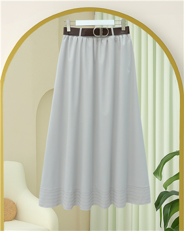 Etek Ucu Dikiş Detaylı Beli Lastikli Astarlı İthal Soft Gabardin Etek -Taş