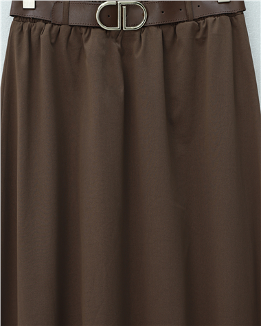 Etek Ucu Dikiş Detaylı Beli Lastikli Astarlı İthal Soft Gabardin Etek -Kahve