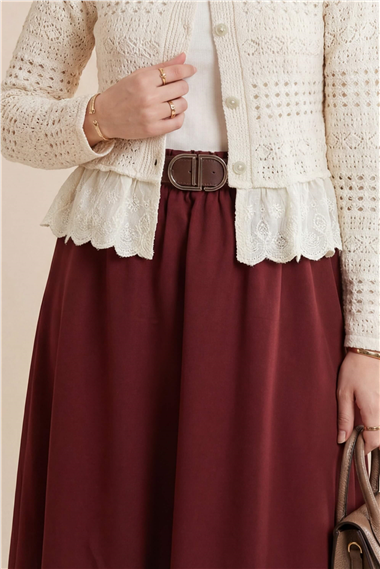 Etek Ucu Dikiş Detaylı Beli Lastikli Astarlı İthal Soft Gabardin Etek  -Bordo