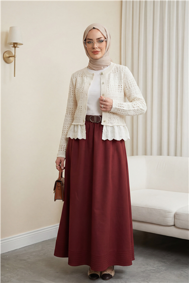 Etek Ucu Dikiş Detaylı Beli Lastikli Astarlı İthal Soft Gabardin Etek  -Bordo