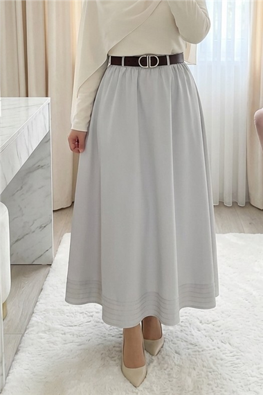 Etek Ucu Dikiş Detaylı Beli Lastikli Astarlı İthal Soft Gabardin Etek -Taş