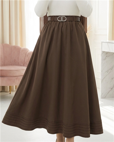 Etek Ucu Dikiş Detaylı Beli Lastikli Astarlı İthal Soft Gabardin Etek -Kahve