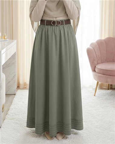 Etek Ucu Dikiş Detaylı Beli Lastikli Astarlı İthal Soft Gabardin Etek -Çağla Y.