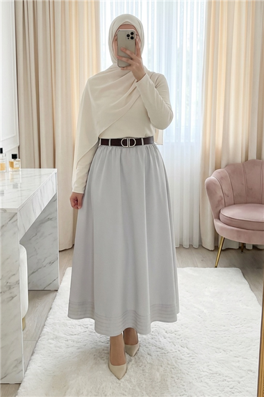 Etek Ucu Dikiş Detaylı Beli Lastikli Astarlı İthal Soft Gabardin Etek -Taş