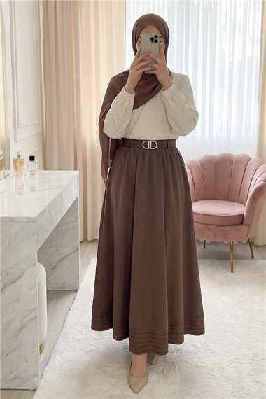 Etek Ucu Dikiş Detaylı Beli Lastikli Astarlı İthal Soft Gabardin Etek -Kahve