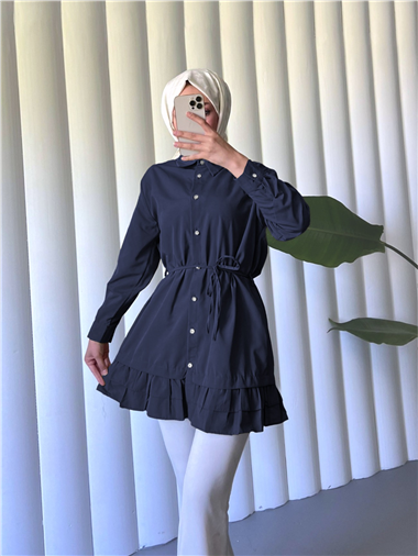 Etek Ucu Katlı Fırfırlı Düğmeli Poplin Gömlek Tunik -Laci