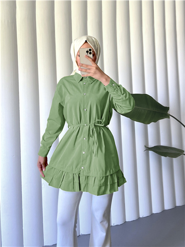 Etek Ucu Katlı Fırfırlı Düğmeli Poplin Gömlek Tunik -Yeşil