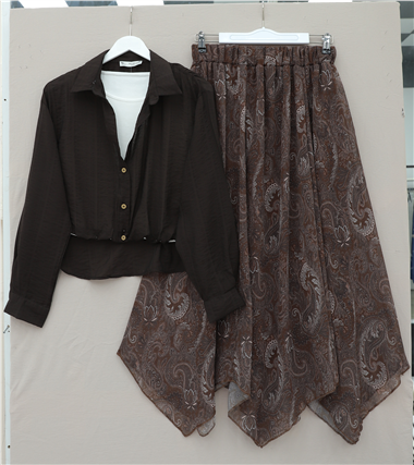 Etnik Desen Beli Lastikli Astarlı Ucu Asimetrik Kesim Şifon Etek -Kahve