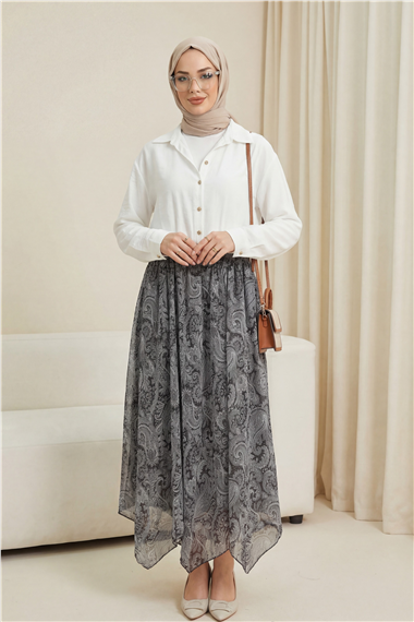 Etnik Desen Beli Lastikli Astarlı Ucu Asimetrik Kesim Şifon Etek -Siyah